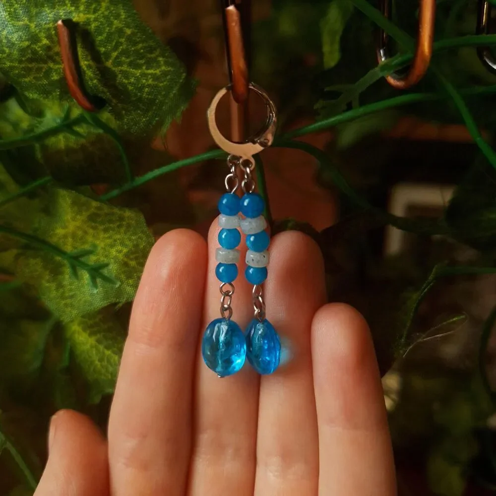 Aqua Quartz & Glass Earrings, Stainless Steel Leverback